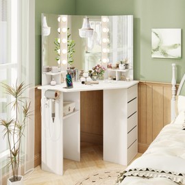 CHARMAID Corner Vanity Desk with Mirror and Lights, White Makeup Vanity Table with 5 Drawers, Storage Shelves, Charging Station, 3 Lighting Modes, Compact Vanity Dressing Table for Small Space