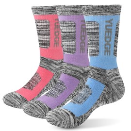 YUEDGE 3 Pairs Women's Wicking Cushion Crew Socks Outdoor Multi Performance Hiking Trekking Running Walking Socks WL 4-7 Light Blue/Pink/Purple