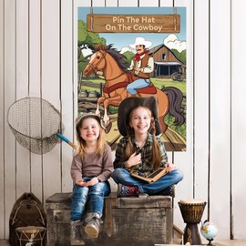 Cowboy Birthday Party Games for 24 Players- Pin The Hat on The Cowboy Western Party Games Cowboy Horse Poster with 24 Stickers & 1 Eye Masks Wall Game Photo Background for Birthday Western Party