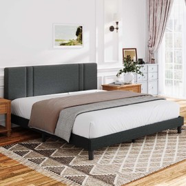 Novilla Queen Bed Frame with Headboard, Queen Size Bed Frame with Adjustable Headboard, Linen Upholstered Bed Frame Queen Size, No Box Spring Needed, Heavy Duty Feet, Easy Assembly, Dark Grey