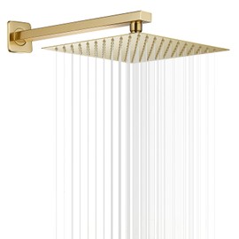 GGStudy Rain Shower Head Brushed Gold with Extension Arm 12 Inch Square Shower Head with 16 Inch Shower Arm Large Stainless Steel Rainfall Showerhead Waterfall Full Body Coverage