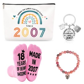 18th Birthday Gifts Set for Girls, 2007 Cosmetic Bag and Fluffy Pink Socks, Bracelet, Keychain, 18 Birthdays Presents for Daughter, Granddaughter, Niece, Friends,Student