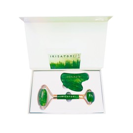 Green Jade Natural Stone Curved Facial Roller & Guasha Set - Jade Facial Massage and Face Sculpting Tool by Ikisatori (Green Jade)