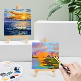 JOTOL Mini Canvas with Easel, Pack of 12 Canvas for Painting, Mini Wooden Decoration Easel, Small Wooden Triangle Easel for Display, Photos, Business Cards, Photo Albums with 3 Brushes