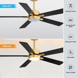 Ceiling Fans with LED Lights, 52 Inch 5-Blade Ceiling Fan Remote Control, Industrial Ceiling Fan with Reversible DC Motor, Downrod Mount LED Ceiling Light Chandelier for Bedroom (Gold & Black)