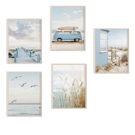 ZHGYGBN 8x10 Inch Frameless Wall Art Set of 5 - Coastal Scenes Including Pier, Surf Van, Beach House, Seagulls & Grass - Perfect for Beach House, Coastal & Nautical Decor