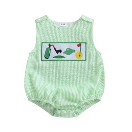 BeQeuewll Summer Baby Clothes Newborn Boy Girl Smocked Bubble Romper Golf Plaid Overall Infant Jumpsuit One Piece Outfit (Golf Green, 3-6 Months)