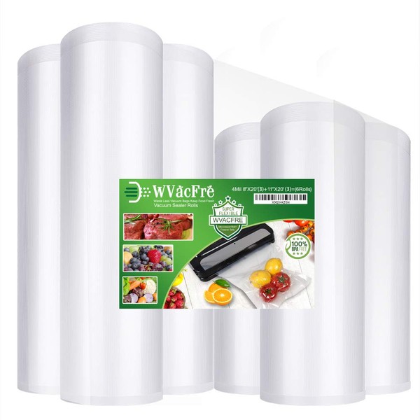WVacFre 6 Pack 8"x20'(3Rolls) and 11"x20'(3Rolls) Vacuum Sealer Bags Rolls with Commercial Grade,BPA Free,Heavy Duty,Great for Food Vac Storage or Sous Vide Cooking