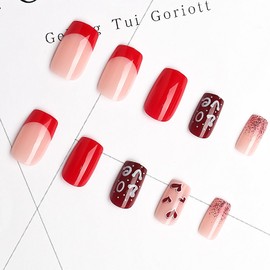 Glitter Valentine's Day Press on Nails French Tip Short Square Fake Nails Red Love Heart Design False Nail Full Cover Gel Acrylic Nails Glue on Nails Reusable Natural Fit Holiday False Nails Kit 24Pcs