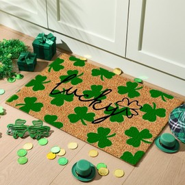 Ceenna Ceenna Spring St Patrick's Day Coir Doormat Outdoor Easter Mardi Gras Rugs Non Slip Shamrock Flowers Bunny Welcome Doormats for Front Porch Outdoor Entryway,16 x 28 Inches(Lucky)