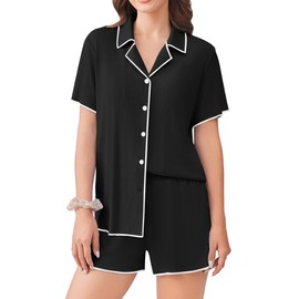 Ekouaer Women Pajama Sets 2 Piece Ribbed Knit Pjs Short Sleeve Soft Pajamas Set Casual Sleepwear Lounge Sets Black