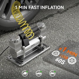 LotaTools Tire Inflator Portable On/Offroad Air Compressor for Car, Truck, SUV & RV | 12V Heavy Duty Pump 150 PSI, Alligator Clip, Twist Chuck(Dual Cylinder)