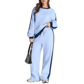 Herseas Women Two Piece Outfits Color Block Blue Long Sleeve Cozy Tracksuit Oversized Winter Lounge Sets X-Large