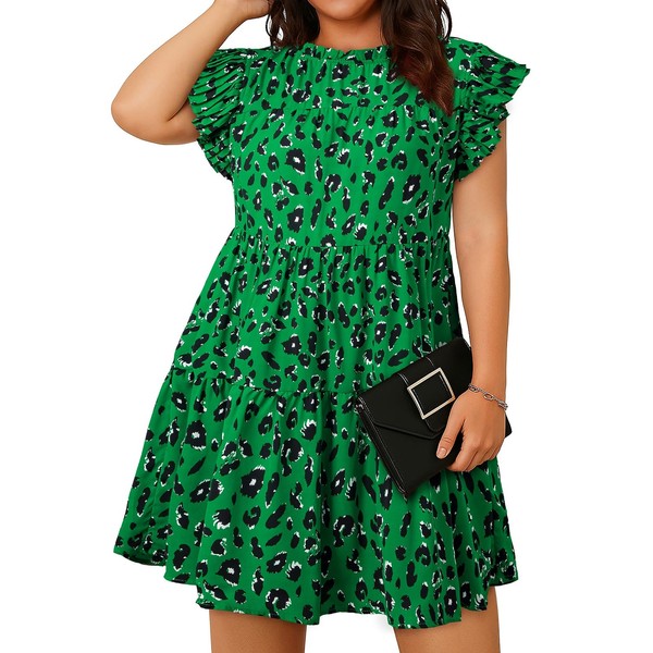 Eytino Womens Plus Size Dresses Leopard Printed Crewneck Ruffle Sleeve