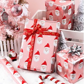 Retrify Christmas Pink Wrapping Paper - Mini Roll - 17 Inches x 32.8 Feet Cute Santa Claus Metallic Foil Shine Gift Wrap Paper Roll for Holiday Party Celebration