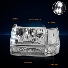 PM PERFORMOTOR Chrome Housing Clear Corner LED Light Projector Headlights Compatible with 92-96 F150 F250 F350, PMHL-F150-9296-6P-L-CC