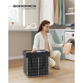 SONGMICS Laundry Hamper, 11 Gal. (50L) Laundry Basket, Collapsible Clothes Hamper, Removable and Washable Liner, Metal Wire Frame, for Bedroom Bathroom, Silver and Classic Black ULCB150B01
