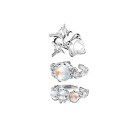 Fuqimanman2020 Carnelian Y2K Rings Silver Irregular Natural Stone Opal Moonstone Rings Bud Heart Flower Star Adjustable Finger Rings Set For Women, Metal, No Gemstone