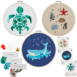 Armindou 3 Sets Embroidery Starter Kits with Coastal Pattern for Adults Beginners, Beach Stamped Cross Stitch Kit Hand DIY Needlepoint Kit, 3 Embroidery Hoops, 3 Embroidery Fabric, Needles and Threads