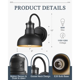 Seovix 2Pack 7” Motion Sensor Outdoor Wall Light, Outdoor Light Fixture Dusk to Dawn E26 Base Socket, IP65 Waterproof Outside Porch Lights for Garage, Porch, 2210SBK(G)-2