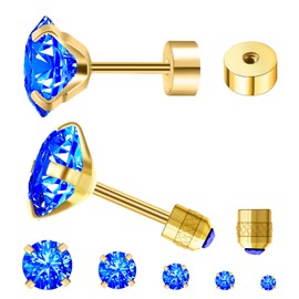 5 Pairs Flat Back Stud Earrings for Women, Trendy Cartilage Earring, Hypoallergenic Titanium Earrings Set, Cubic Zirconia Flatback Ear Rings Non Tarnish ((3mm~7mm) x1, Blue Gem(Gold Color))