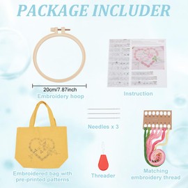 PLIGREAT Embroidery Set for Carry Bag Made of Yellow Canvas for Beginners and Adults, Cross Stitch Set with Heart Garland with Instructions Lunch Bag Embroidery Set with Frame DIY Craft Gifts