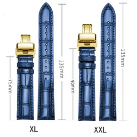 MUENShop Extended Genuine Leather Bracelet XXL Quick Release 18 mm - 22 mm with Folding Clasp Butterfly Buckle, Blue + Gold, Strap.