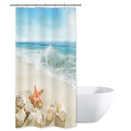 Riyidecor Stall Small Shower Curtain 36Wx72H Inch Half Beach Starfish Ocean Seashell Coastal Sea Wave Seaside Island Summer Scenery Decor Fabric Polyester Waterproof Fabric 7 Pack Plastic Hook WW-IHTB