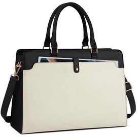 Laptop Bag for Women 15.6 inch Laptop Tote Bag Large Capacity Work Bag Waterproof Leather Briefcase Computer Tote Bag Professional BusinessRAINSMORE Office Travel Handbag Shoulder Bag Black and Beige