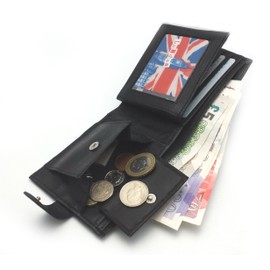 ODS:UK® Mens Black Soft Nappa Leather TRI FOLD Wallet ID Window and Coin Pocket Credit Card Holder Slots