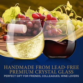 NutriChef 15oz Stemless Wine Glasses - Set of 4 Ultra Thin Elegant Red & White Wine Clear Crystal Glass Drinkware, Lead-Free, Hand Blown Seamless Bowl, Dishwasher Safe, for Any Occasion