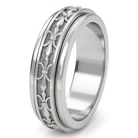 Fidget Ring - 925 Sterling Silver Anxiety Rings - Spinner Rings for Women & Men - 360° Spinning Rotatable Ring to Relieve Stress & Worry - Fleur De Lis Design - Platinum Plated - Size S