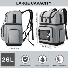 YOUNGOA Large Waterproof Insulated Cooler Backpack for Men & Women, Double Decker Leak Proof for Beach, Camping, Picnic, Travel, 26L Capacity, 44 Cans (Gray)