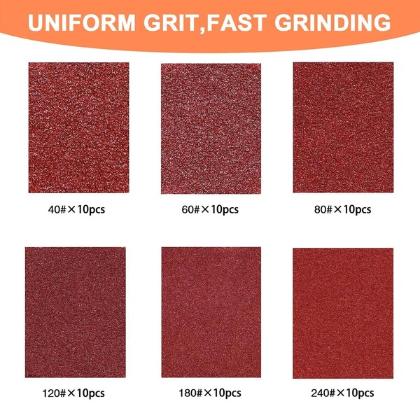 60 pcs Mouse Sander Pads, 93x93x93mm Triangle Sandpaper, 6 Holes