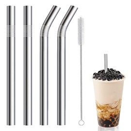 4-Pack Reusable Stainless Steel Boba Straws Metal, 26.5×1cm Stainless Steel Straight Metal Straws Set with 1pcs Brushe, Metal Straw Replacement, for Bubble & Boba PearlsTea, Smoothie, Milkshakes