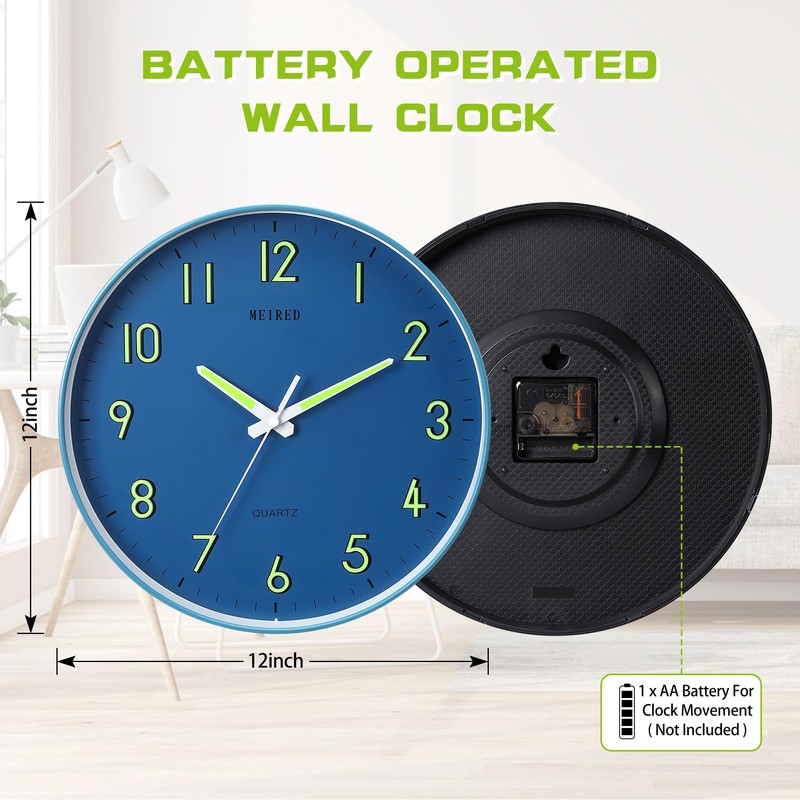 MEIRED Night Light Wall Clock 12 Inch Silent Non Ticking