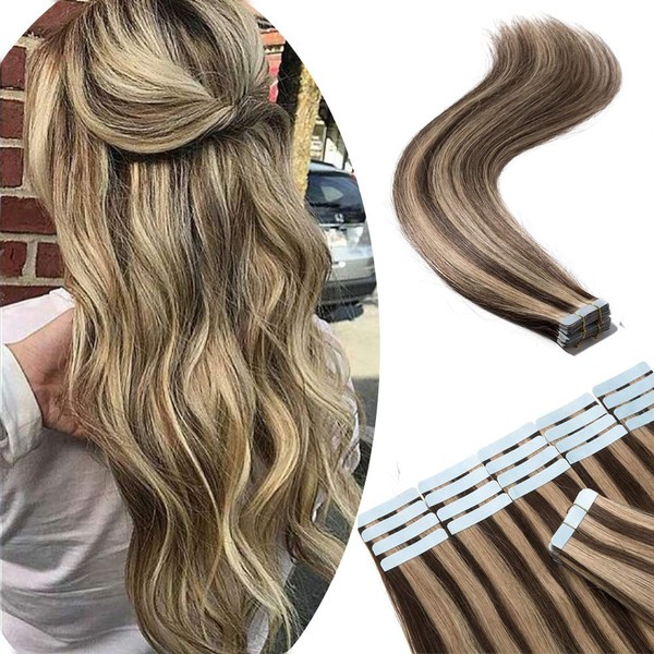 16 Inch Tape in Human Hair Extensions 100 Gram 40Pcs Highlighted #4/27 Medium Brown Mix Dark Blonde Seamless Skin Weft Glue in Human Hairpieces Long Straight with Invisible Double Sided Tape