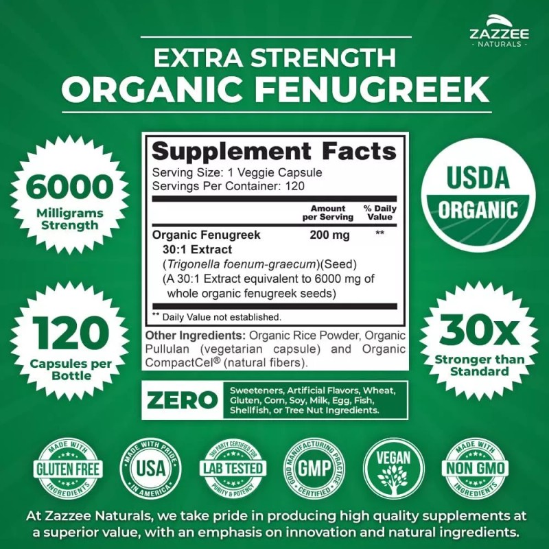 Zazzee USDA Organic Fenugreek 30:1 Extract, 6000 mg Strength, 120