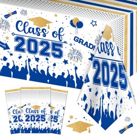 Graduation Decorations Class of 2025 Tablecloth - 3 Pcs Plastic Congrats Grad Table Cloth, Graduation Table Cover for Graduations Party Decorations 2025 and Party Supplies, 54"x108" (Blue and Gold)