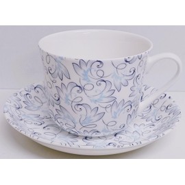 Rainbow Decors Royale Cup & Saucer Bone China Jumbo 425 ml (15fl oz) Blue & Grey Swirl Floral Leaves Breakfast Set Hand Decorated UK