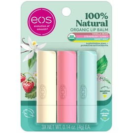 eos 100 Natural  Organic Lip Balm Trio- Vanilla Bean, Sweet Mint,  Strawberry Sorbet, Made for Sensitive Skin, Lip Care Products, 0.14 oz, 3-Pack     