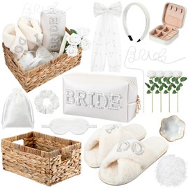 Kacctyen 16 Pcs Bride Gift Basket Bridal Shower Gifts Include Wicker Basket Bride Makeup Bag Slippers Pearl Headband Jewelry Box Hair Bow Veil and More for Bridal Shower Wedding Engagement Gifts