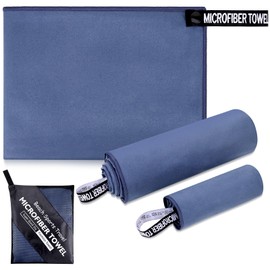 Zocipro Set of 3 Microfibre Towels, Large (180 x 80 cm) & 2 Small (80 x 40 cm), Quick-Drying Towel, Sports Towel, Beach Towel, Bath Towel and Travel Towel (Blue)