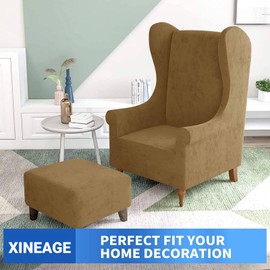 XINEAGE 1 Piece Velvet Wingback Chair Slipcover Stretch Wing Chair Cover Non Slip Furniture Protector with Foam Rods for Living Room (Wingback Chair, Camel)