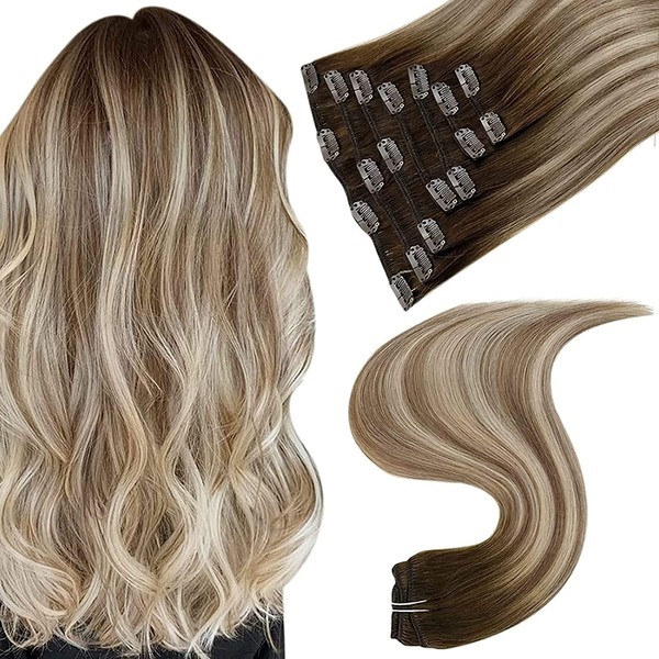 Easyouth Real Hair Clip-In Extensions Remy Clip-In Real Hair Extensions Dark Brown Mix Ash Brown and Medium Blonde Ombre Real Hair Clip-In Extensions 22 Inches 120 g