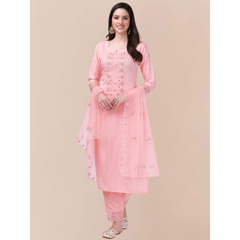 TRENDMALLS Women's Cotton Embroidery Kurta Pant Suit Set (TM.G103-LightPink-M)
