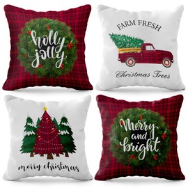 KatchOn, Merry Christmas Pillow Covers 18x18 Inch - Pack of 4 | Christmas Throw Pillow Covers for Plaid Christmas Decorations | Red Christmas Plaid Pillow Covers, Farmhouse Christmas Pillow Covers