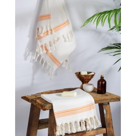 DEMMEX - Fall 2024 - Luxury Waffle ''Cotton Bubbles'' Texture Turkish Hand Towels, Set of 2, 100% Turkish Cotton, Softest & Most Absorbent Due to Cotton Bubbles, Large 32"x18" (White-Coral Orange)