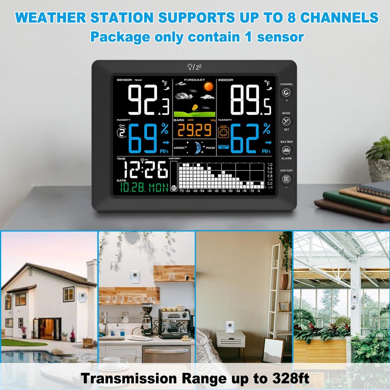 Urageuxy Wireless Weather Station with Indoor Outdoor Thermometer, Atomic Clock,