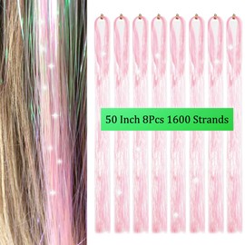 Hair Tinsel 8 Packs 1600 Strands 50 Inch Tinsel Hair Extensions Egg Pink Heat Resistant Glitter Sparkling Shinny Fairy Hair Accessories for Women and Girls(Egg Pink, 50Inch)